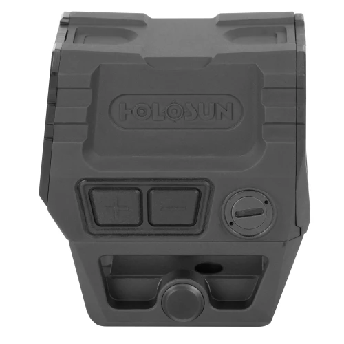 Holosun Technologies Holosun AEMS CORE X2 Green Reticle Sight - 2 MOA Precision Optic for Tactical Shooting - Rugged Design & Picatinny Rail Compatible, an image of a tactical sight with buttons and a circular adjustment knob on a durable black housing.