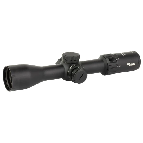 Sig Sauer WHISKEY4 SOW43004 Riflescope - 4x Zoom, Illuminated Reticle, 30mm Tube, black riflescope with magnification adjustment and mounting specifications.