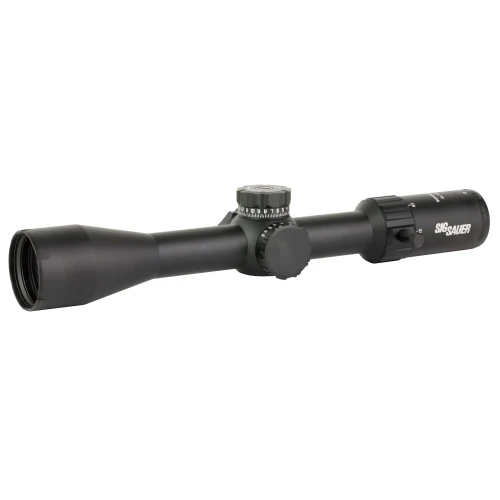 Sig Sauer WHISKEY4 SOW44001 Riflescope - 4x Zoom, Illuminated Reticles & First Focal Plane Optics, black riflescope with magnification and adjustment knobs.