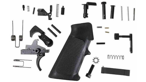 JE Machine Tech JE Machine TS-LPKAR15-RSS Lower Parts Kit with Regular Safety Selector, disassembled gun parts including grip, trigger components, springs, and pins laid out on a white background.