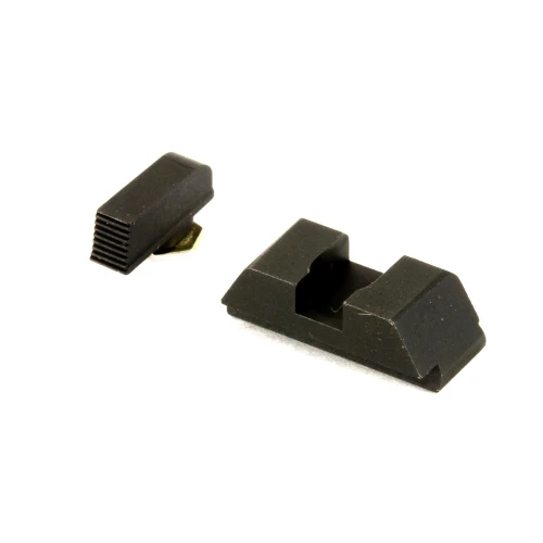 AmeriGlo GT-532 Classic Style Sight Set - Serrated Front & Flat Black Rear, Nitride Treated Steel, image of the sight set components with black serrated front sight and flat black rear sight in a close-up view.