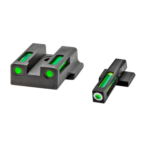 Hi-Viz 9EZN321 H3 Tritium Fiber-Optic Sight Set for 24-Hour Illumination & Enhanced Shooting Accuracy, two fiber-optic sights shown with green glow for improved aiming in all lighting conditions.
