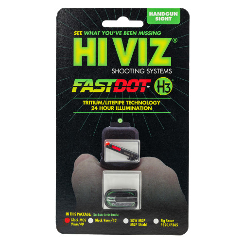 Hi-Viz GGLFD21 FastDot H3 Sight for Glock - Low Profile Tritium & Fiber Optic System with 24-Hour Illumination, product image showing the packaging and sight specifications.