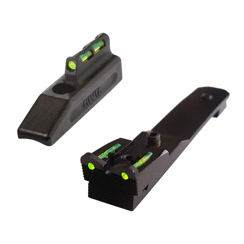 Hi-Viz HHVS001 Precision Sight Set for .22 LR Rifles, black sight set featuring interchangeable LitePipes and protective hood with green luminous inserts for precise aiming.