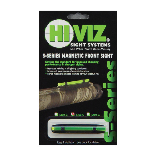 Hi-Viz S300-G Narrow Magnetic Shotgun Sight - Enhance Precision with Vibrant Green LitePipe, image of the product packaging displaying the sight system for hunting and shooting.