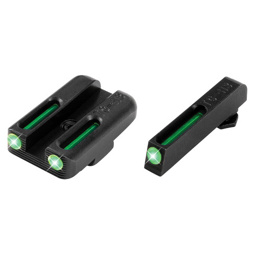 TRUGLO TG-TG131GT1A Night Sight Set for Glock 42/43, Tritium and Fiber-Optic Green Sights, close-up of the glow-in-the-dark sights on a sturdy black sight set.