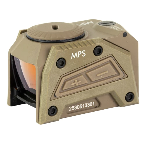Steiner 8700-MPSFDE Micro Pistol Sight - Rugged, Durable, Compact Red Dot Optic for Handguns, showing tan rugged exterior with control buttons and branding.