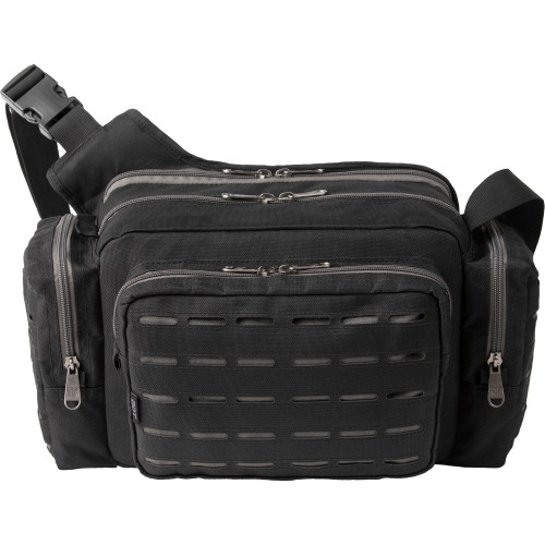 Bulldog Cases BDT404B, black multi-compartment shoulder bag with multiple zippers and front pocket, ideal for carrying electronics and accessories.