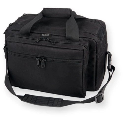 Bulldog Cases BD905, Durable Nylon Water-Resistant Gun Case with Adjustable Shoulder Strap & Extra Storage Pockets displayed in black with multiple compartments and zippers.