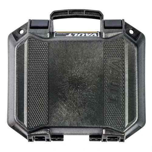 Pelican Vault VCV100-0060-BLK Gun Case - Rugged, Weather-Resistant Handgun Protection, front view of the black durable waterproof case with textured surface and secure latches.