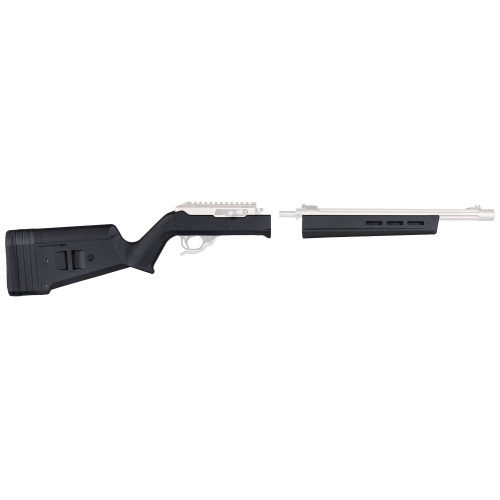 Magpul Industries Magpul Hunter X-22 Takedown Chassis for Ruger 10/22 - Ergonomic Stock with M-LOK Slots, disassembled for easy assembly with black and silver components.
