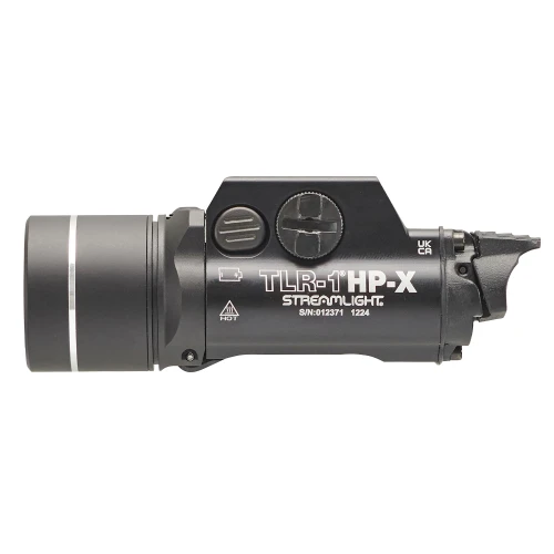 Streamlight TLR-1 HP-X Tactical Light - 1300 Lumens, 77000 Candela, Multi-Fuel Design with Customizable Switches, black tactical flashlight with sturdy construction and adjustable settings.