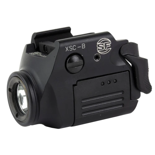 Surefire XSC-B Compact Tactical Light: 350 Lumens, Rechargeable, Universal Rail Mount for Enhanced Personal Protection, uplight, black, compact design, with adjustable switch and mounting system.