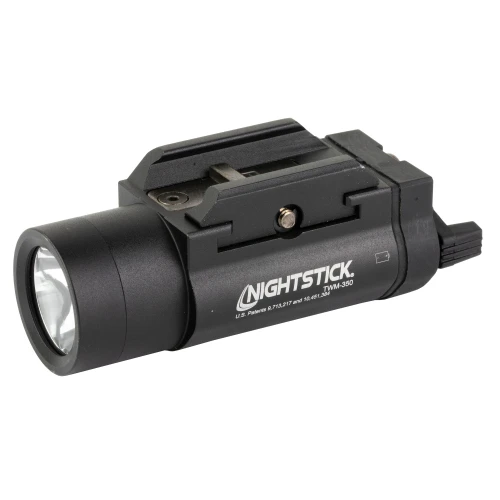 Nightstick TWM-350 Weapon-Mounted Light - 350 Lumens, IP-X7 Waterproof, Ambidextrous Toggle Switch, 215m Beam Distance, mounted on a firearm.