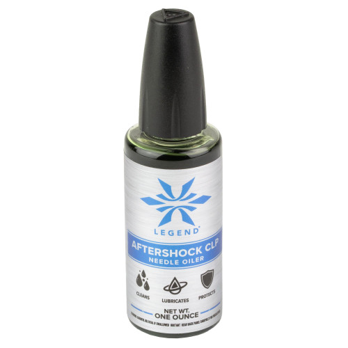 Legend Outdoor Gear AFTERSHOCK CLP - Premium Cleaner, Lubricant & Rust Preventative for Firearms - 1 Ounce with Precision Applicator, close-up of the needle oiler bottle showing label and black cap.