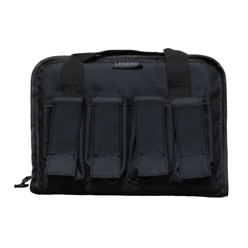 Legend Outdoor Gear PEG100-BK Tactical Pistol Case - Durable Polyester, Holds 2 Pistols & 4 Magazines, black tactical pistol case with multiple exterior pouches and handles for secure storage and transport of firearms.