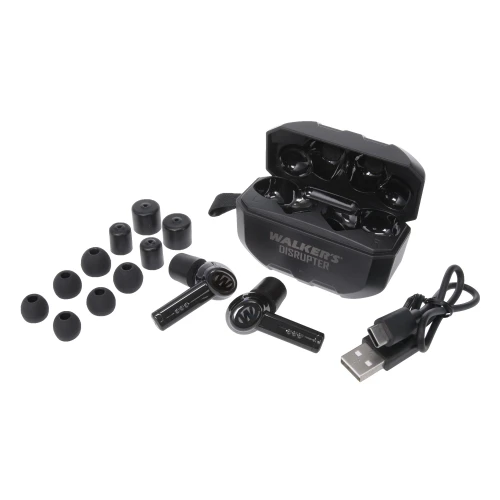 Walker's GWP-DSRPT, wireless earbuds with charging case, ear tips, and USB charging cable.
