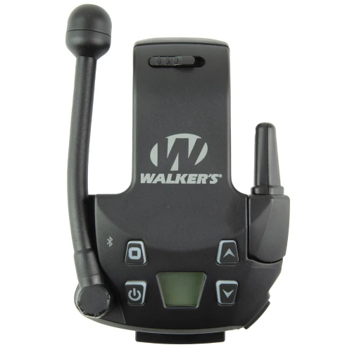 Walker's GWP-RZRWT-BT Bluetooth Razor Muff Adapter - Enhance Communication & Hearing Protection for Shooting Sports, black Bluetooth adapter with an antenna, flexible microphone, display, and control buttons on a white background.