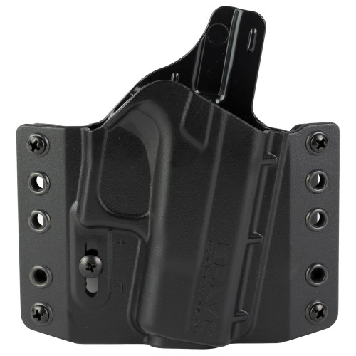 Bravo Concealment BC10-1033 Adaptive OWB Holster - Ultimate Concealed Carry Solution with Custom Fit & Comfort, shown in a close-up view of the black holster with screw adjustments and belt slots for secure and comfortable carry.