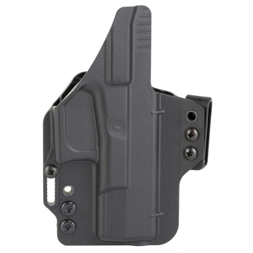 Bravo Concealment BC20-1007 Adaptive IWB Holster - Ultimate Concealed Carry Solution with Torsion Technology, close-up of the black holster with adjustable screws and belt clip for reliable inside-the-waistband carry.