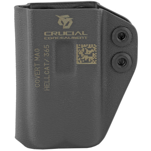 Crucial Concealment 1039 Covert Mag Pouch - Ambidextrous, Adjustable OWB/IWB Carry, Minimalist Design, black textured exterior with metal screws and QR code.