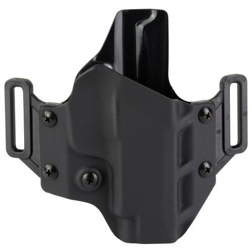 Crucial Concealment 1115 Covert OWB Holster - Adjustable Cant, Optic Compatible, 1.5 & 1.75 inch Belt Loops, black outer shell with adjustable retention screws and belt slots for concealed carry.