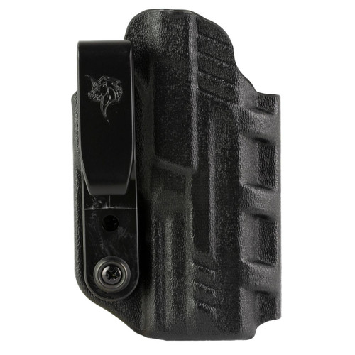 DeSantis Gunhide DESANTIS SLIM-TUK S&W EQUALIZER AMBI, black leather concealed carry holster with a belt clip and textured surface.