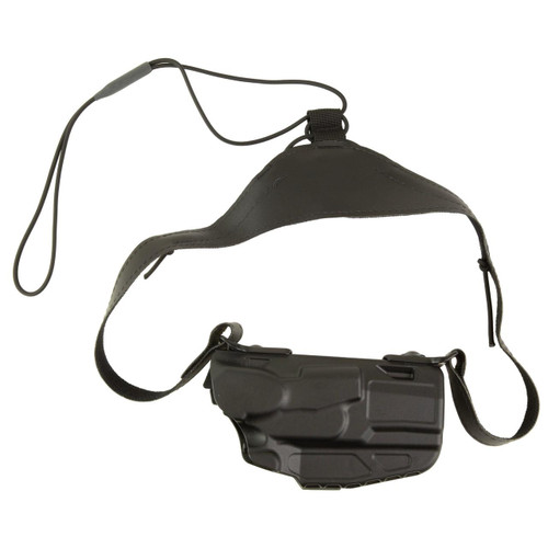 Safariland 7053 SIG P320C 9/40 SAFSEV BLK RH, a black tactical holster with a retention strap and adjustable belt loop for concealed carry.