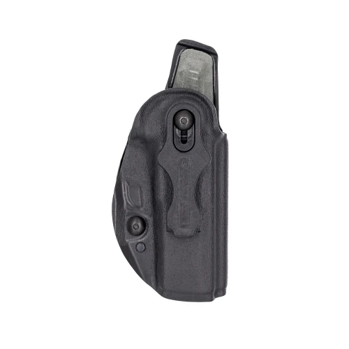 Safariland 20-896-131 Glock 48 IWB Holster - Minimalist Boltaron Design with Adjustable Fit & Optic Compatibility, showing a sleek black holster with a textured surface and adjustable retention screw.