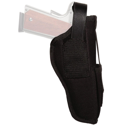 Uncle Mike's U/M AMB HIP HLSTR W/PCH SZ 5 BLK, black hip holster for carrying a pistol with a protective pouch, designed for concealed carry and comfortable wear.