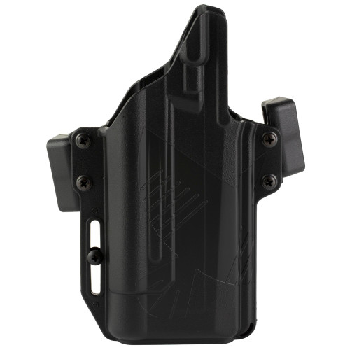 Raven Concealment Systems Perun OWB Holster for P320, black, modular, ambidextrous design, with red dot sight compatibility, shown from the side view.
