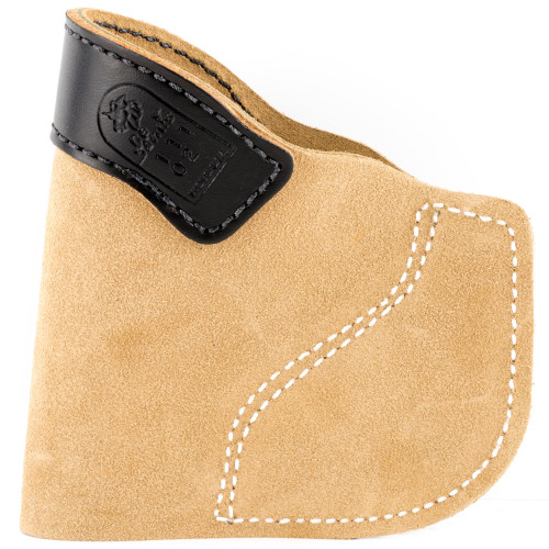 DeSantis Gunhide Pocket-Tuk IWB Holster 111NA02Z0 - Suede Leather, Adjustable Clip for Comfort, Perfect for Concealed Carry, featuring a tan suede leather body with a black leather clip for secure attachment.