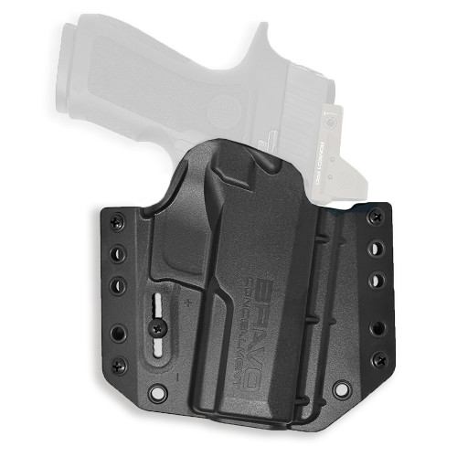 Bravo Concealment BC10-1032 Adaptive OWB Holster - Ultimate Outside Waistband Concealed Carry with Adjustable Cant & Precision Fit, shown with a firearm in a black holster.