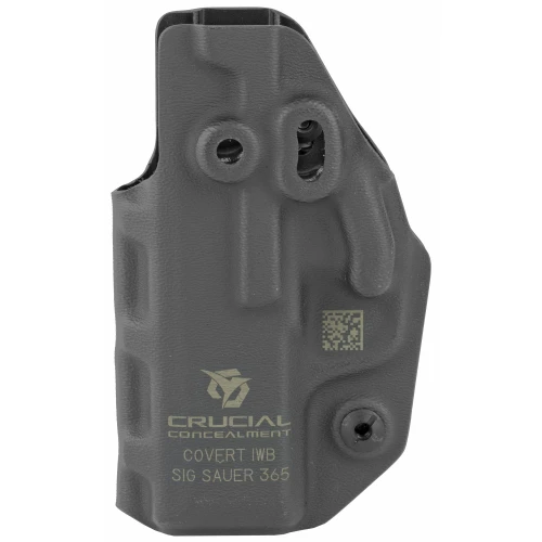 Crucial Concealment 1021 Covert IWB Holster - Ambidextrous, Adjustable Retention & Optic Compatible for Ultimate Concealment, close-up of the black holster showing its textured surface and logo.
