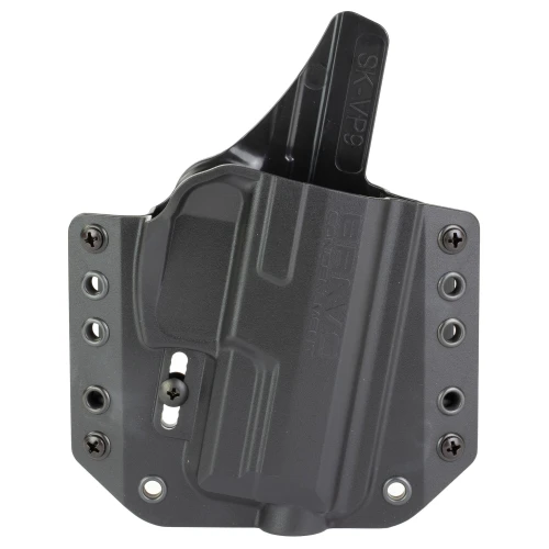 Bravo Concealment BC10-1007 Adaptive OWB Holster - Ultimate Outside the Waistband Concealed Carry Fit, black holster with adjustable screws and a pistol grip showing.