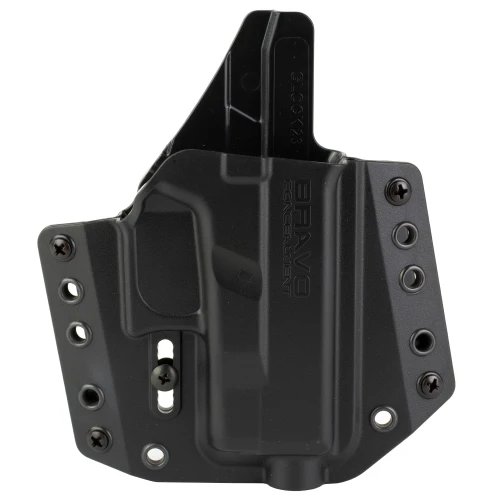 Bravo Concealment BC10-1003 Adaptive OWB Holster - Premium Outside Waistband Carry for Ultimate Concealment, black leather holster with adjustable attachments.