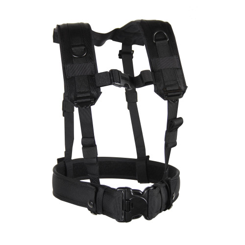 BLACKHAWK 35LBS1BK Load Bearing Suspenders, Military-Grade H-Harness with Drag Handle & Sternum Strap positioned to show black tactical load-bearing harness with adjustable straps, heavy-duty buckle, and side D-rings.