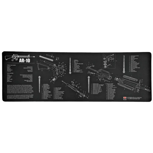 TekMat TEK-R36-AR10, detailed diagram of AR-10 rifle parts and components on a black background.