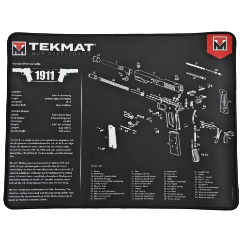 TekMat TEK-R20-1911, Gun Cleaning Mat with diagram of 1911 pistol parts and specifications.