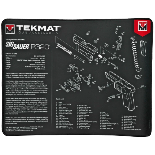TekMat TEK-R20-SIGP320, detailed exploded view of the SIG Sauer P320 handgun parts on a black mat.