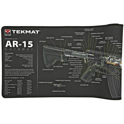 TekMat TEK-R44-AR15-CA Gun Cleaning Mat, detailed diagram of parts and components, with labeled sections for AR-15 rifle maintenance.