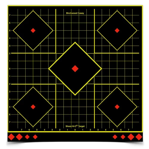 Birchwood Casey BC-34175 Self-Adhesive Targets, black and yellow shooting practice targets with red bullseye dots, suitable for indoor and outdoor shooting.