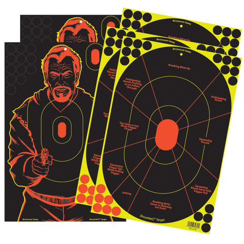 Birchwood Casey SHT-N-C COMBO PK HG TGT 5-12X18, a shooting target set with a paper target featuring a character illustration and a variation of shooting patterns and score zones.