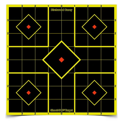 Birchwood Casey BC-34112 Self-Adhesive Shooting Targets - High Visibility for Indoor/Outdoor Practice, close-up of black target sheets with yellow grid and diamond-shaped aiming zones with red centers.
