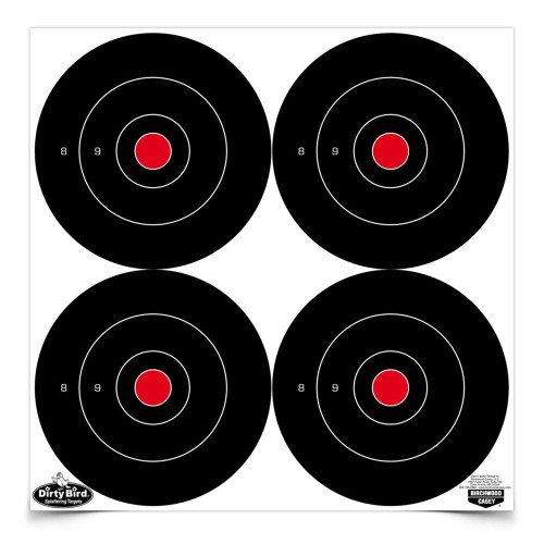 Birchwood Casey BC-35504 High-Visibility Shooting Targets - Four black tagboard targets with red bullseye centers and white concentric rings for improved contrast, suitable for indoor and outdoor ranges.