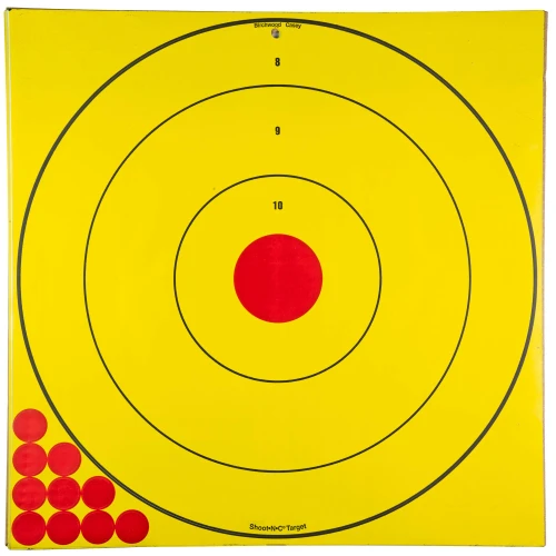 Birchwood Casey BC-LRBET-5PK Long Range Bullseye Black & Yellow Targets - 5 Pack, featuring high visibility bullseye targets with adhesive backing for easy application.