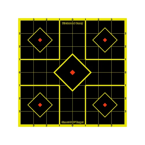 Birchwood Casey BC-34105 Self-Adhesive Targets - High Visibility Shooting Targets for Indoor and Outdoor Range Practice, black targets with yellow grid outlines and red center bullseyes.