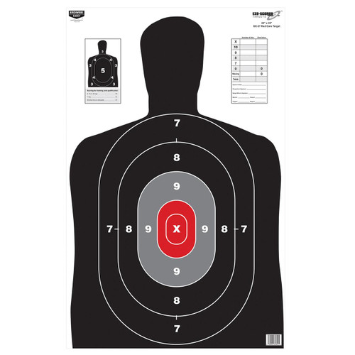 Birchwood Casey EZE-SCORER BC27 RED TGT100-23X, shooting target with multiple concentric scoring zones and a red center, designed for firearm practice and accuracy testing.