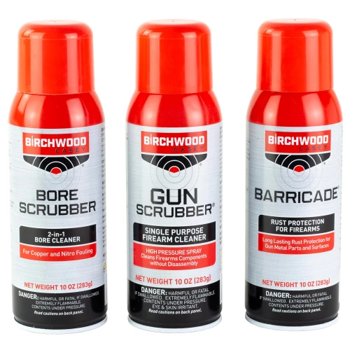 Birchwood Casey BC-33309 Gun Care Essentials - Bore Scrubber, Gun Scrubber, and Rust Protection, three aerosol cans designed for firearm cleaning and maintenance.