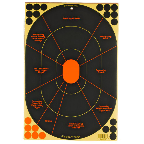 Birchwood Casey BC-34655 Self-Adhesive Targets - High Visibility Shooting Targets for Indoor & Outdoor Use, black and yellow paper target with red annotations and circles for shooting practice.